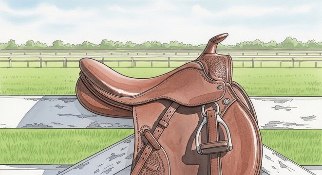 Luxurious brown leather equestrian saddle on weathered wooden bench outdoors