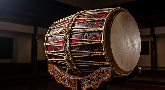 Traditional Indonesian Gamelan Drum on Ornate Stand in Dimly Lit Room