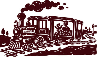 Naklejka premium Vintage illustration of a family traveling on an adventure train journey together