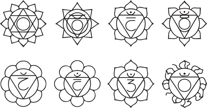 Set of eight detailed chakra symbols representing energy centers in the human body with geometric floral patterns black and white line art vector graphics