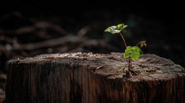 Weathered tree stump with green shoots, symbolizing renewal, resilience, and growth in nature.