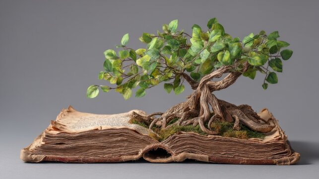 An open aged book with a miniature living tree emerging from its weathered pages, set on a neutral gray background.