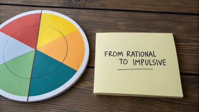 Circular Pie Chart Diagram with Handwritten Note 'From Rational to Impulsive' on Wooden Surface