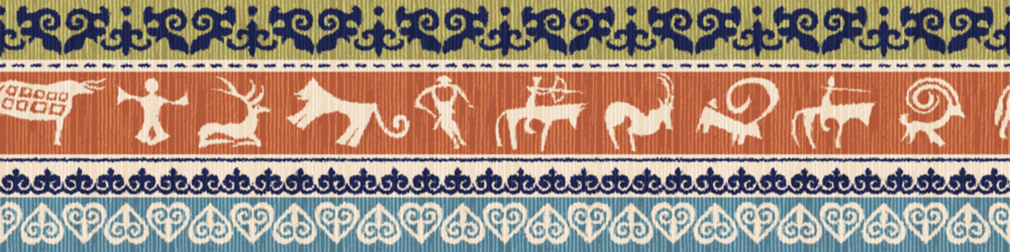 Ethnic seamless border on the theme of rock paintings and Kazakh national ornament, tribal pattern, vector design