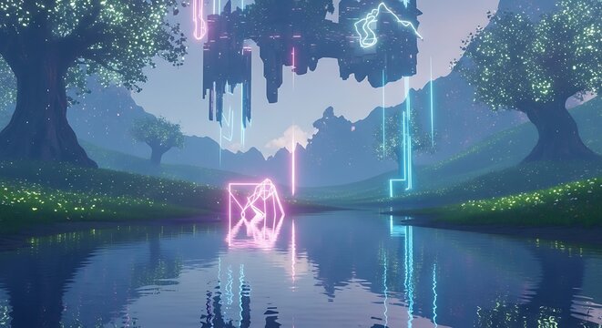 A giant floating geometric structure emits vibrant neon pink and blue light beams above a calm reflective mountain lake surface