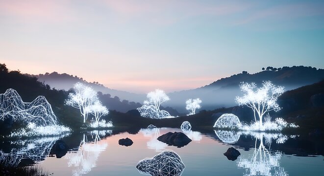 Glowing white geometric wireframe trees and rocks stand illuminated in a serene fantasy landscape reflecting within the calm water