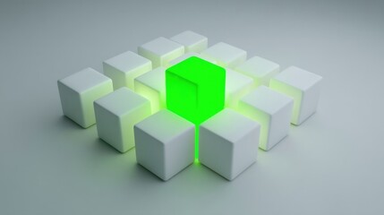 Obraz premium A glowing green cube stands out amidst twelve white cubes, arranged symmetrically on a light grey surface with soft shad