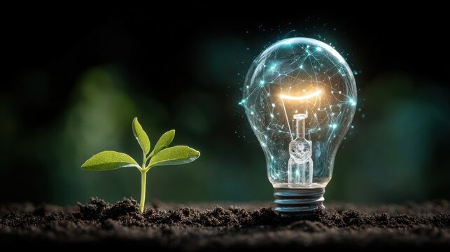 A vibrant green sapling beside a glowing blue incandescent lightbulb with neural network, planted in rich dark soil.