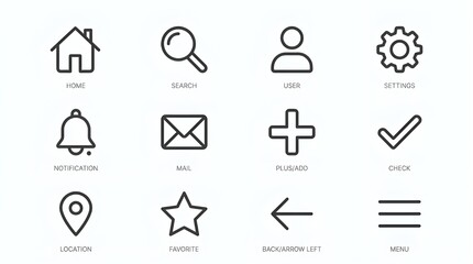 Fototapeta premium Minimalist Line Art Icon Set for Web and Mobile UI Interface Design Including Home Search Settings