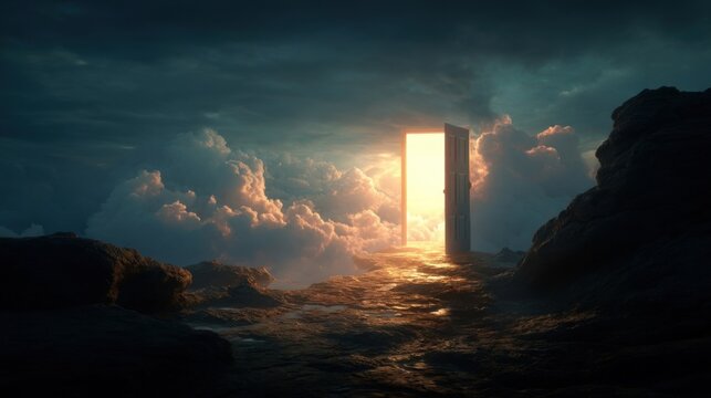 Mystical ancient wooden door ajar in a dark landscape, glowing light beyond reflects on watery surface.