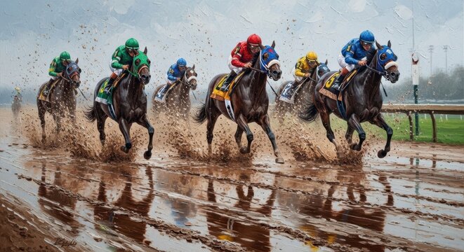Thundering racehorses in mud on wet track