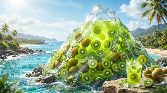 A large pile of kiwis in a clear plastic bag on a rock by the ocean with a glass of kiwi juice and a bowl of kiwis on a tropical beach