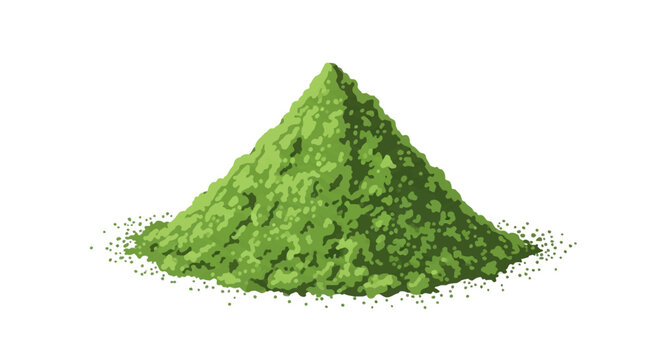 Pile of finely ground green powder, such as matcha tea, moringa, or wheatgrass, arranged in a textured heap with scattered particles, isolated on a plain white background.