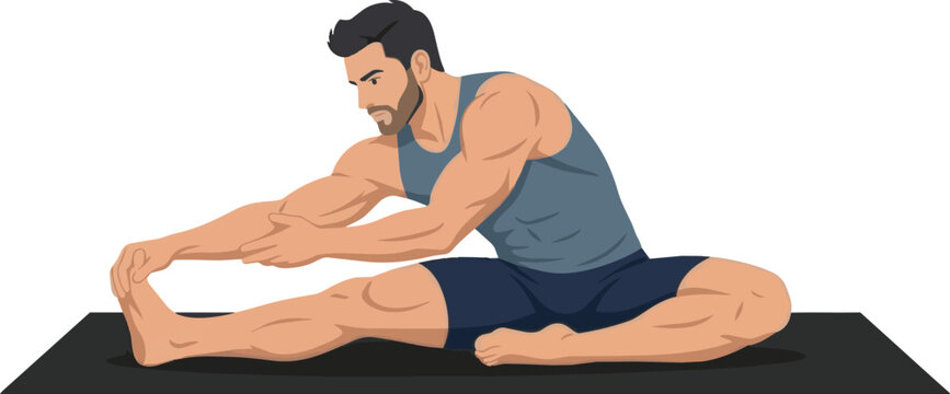 A digital illustration of a muscular man in athletic apparel, performing a seated single-leg forward fold (Janu Sirsasana) yoga stretch on a black exercise mat against a white background.