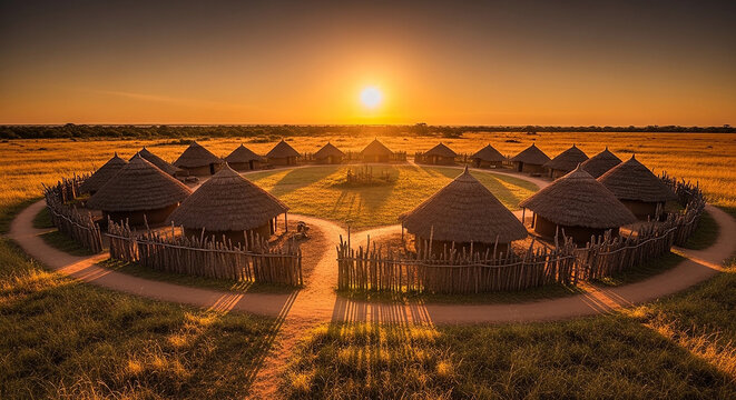 Traditional African Village at Sunset: Thatched Huts in a Circle, Cultural Heritage