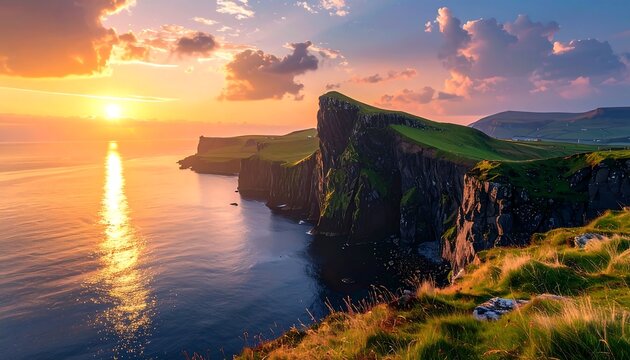 Serene coastal landscape with rugged cliffs at sunset
