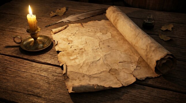 Ancient parchment scroll with a burning candle and quill on a rustic wooden table.