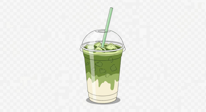 Vector illustration of an iced matcha green tea latte in a clear plastic disposable takeaway cup with a dome lid, green straw, layered milk, and ice cubes on a transparent background.
