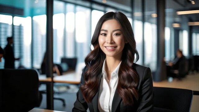 A smiling businesswoman in a suit poses in an office setting. Other people and city are blurred