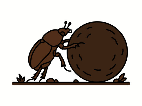 Illustration of a brown beetle pushing a large dung ball on the ground with leaves, rendered in a simple graphic style.