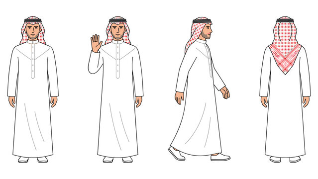 Arab man character design sheet featuring traditional thobe and ghutra in multiple stances.