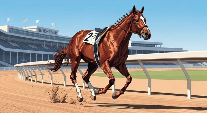 Champion racehorse galloping at Belmont Park