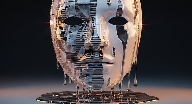A surreal metallic human face sculpture melting with liquid glass drips creating an artistic effect of transformation and fluid modern design
