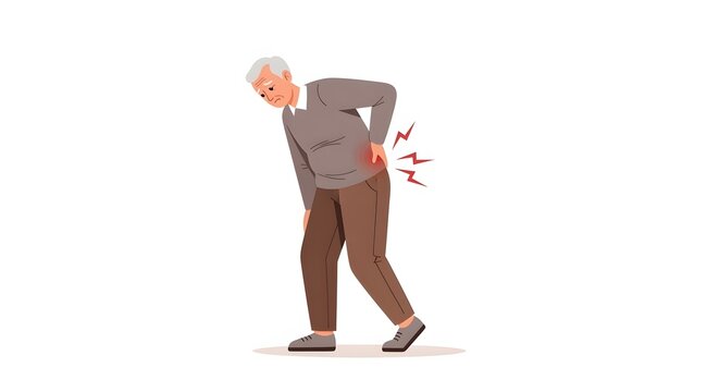 Senior man with acute sciatica and lower back muscle strain. Physical therapy and age related ailments. Elderly male bending forward while clutching his lower back in distress