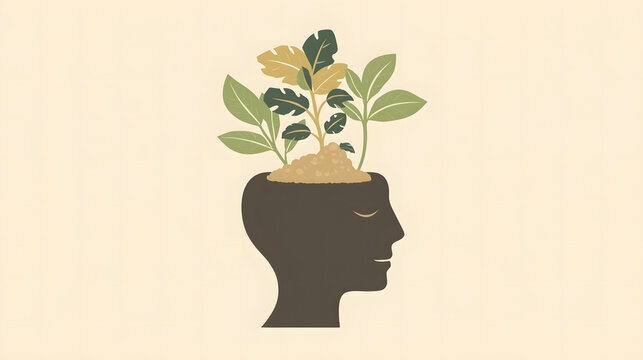 human head with green plant artwork 