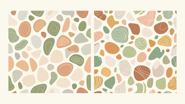 Abstract seamless pattern set featuring organic pebble shapes and wavy textures in a modern, natural color palette, ideal for contemporary design projects