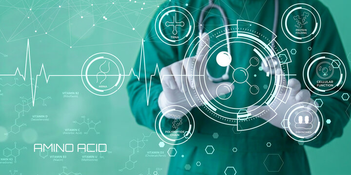 Medical professional analyzing amino acids and cellular functions with futuristic health technology interface