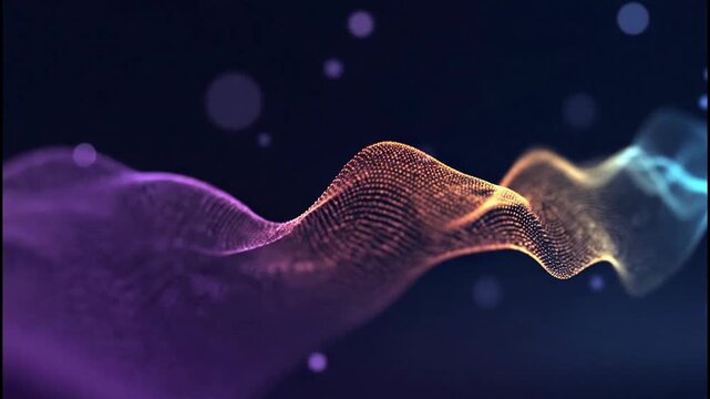 A vibrant, abstract digital artwork showcases a flowing, particle-based wave in shades of purple, orange, and teal against a dark, speckled background.