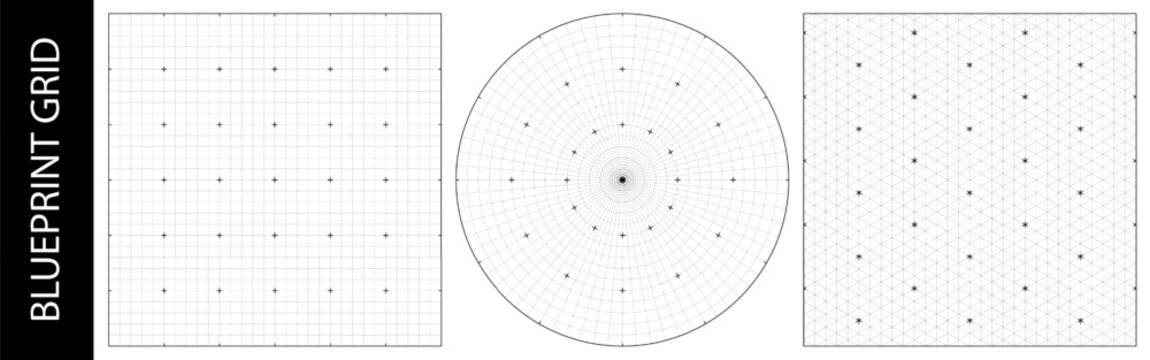 Circle compass, line square and isometric blueprint image overlay. Millimeter grid bg, vector architecture drawing and radar screen hud. Math drawing texture of crossed lines, abstract degree mark