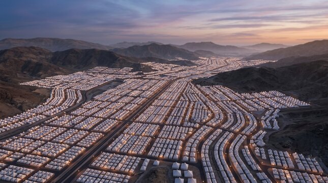 An aerial 3D visualization of the vast tent city in Mina, showcasing the massive scale of the Hajj pilgrimage infrastructure.