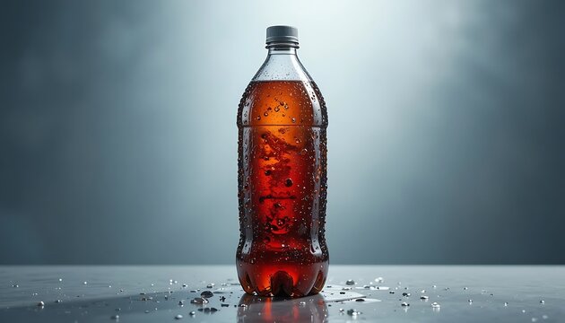 refreshing cola soda bottle with condensation on gradient blue background. 2 liter soda