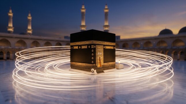 A modern and symbolic 3D render of the Kaaba, surrounded by circular light trails representing circumambulation (Tawaf) and spiritual energy.