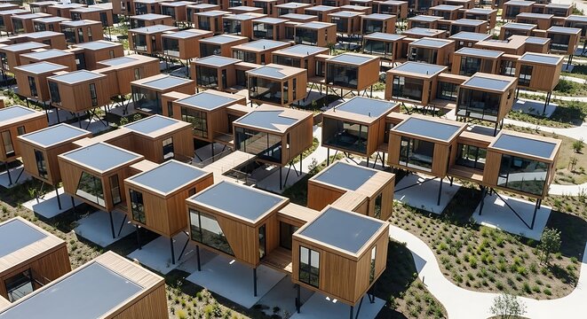 Numerous modern modular wooden houses are arranged in a repeating grid pattern featuring large windows and elevated flat metal roofs.