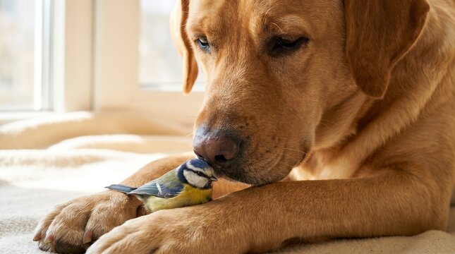 Dog and small bird snuggling together