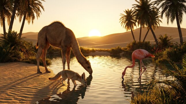 Camel, fennec fox, and flamingo at an oasis