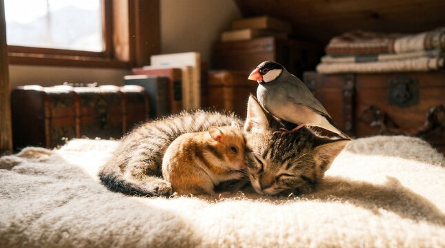 Kitten, hamster, and bird resting indoors