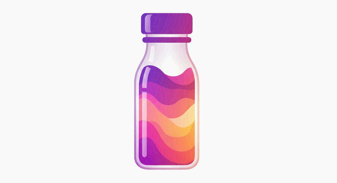 A colorful illustration of a bottle with a purple cap containing vibrant liquids.