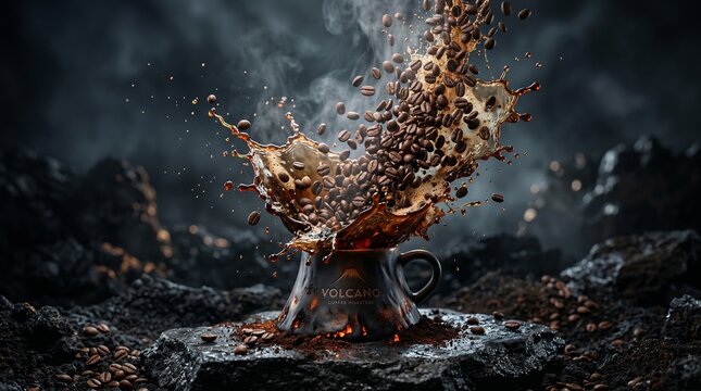 Coffee beans exploding out of a mug on a rocky surface with smoke and lava in the background