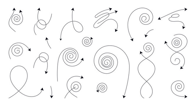 Collection of dotted arrows pointing in various directions with right, left, up and down curved editable stroke arrows. hand drawn creative spiral arrows collection. vector illustration.