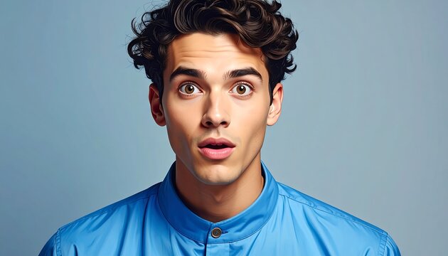 A young man with blue shirt looks surprised