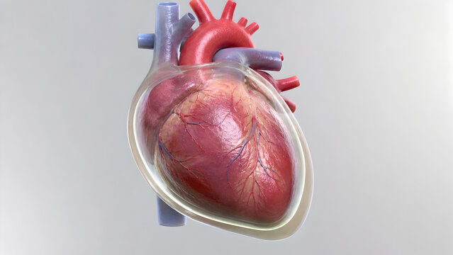 3D heart cutaway, pericardial sac, mild pericardial effusion, pericardial fluid layer, realistic cardiac anatomy, great vessels, medical render