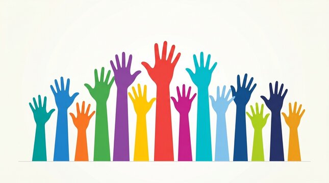 A vibrant illustration of multiple colorful hands raised up in the air isolated on white background for teamwork and community concepts