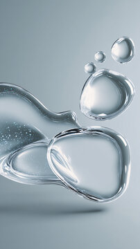 Flowing translucent liquid drops bubbles vertical macro cosmetic skincare beauty abstract grey background ultra high-end concept