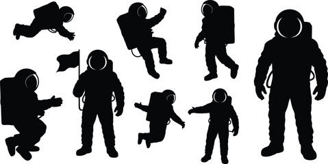 Collection of black astronaut silhouettes in various poses © MDRAJU