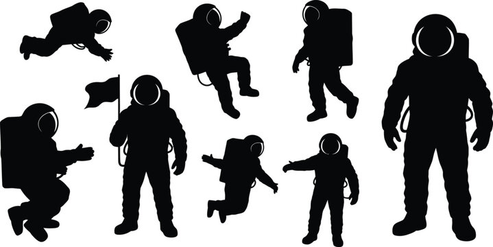 Collection of black astronaut silhouettes in various poses
