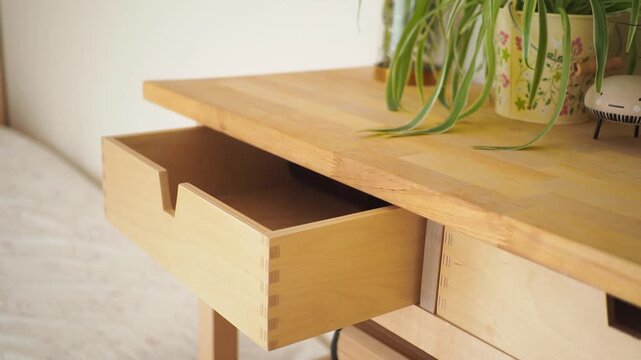 Wood table with open drawer and plants on top